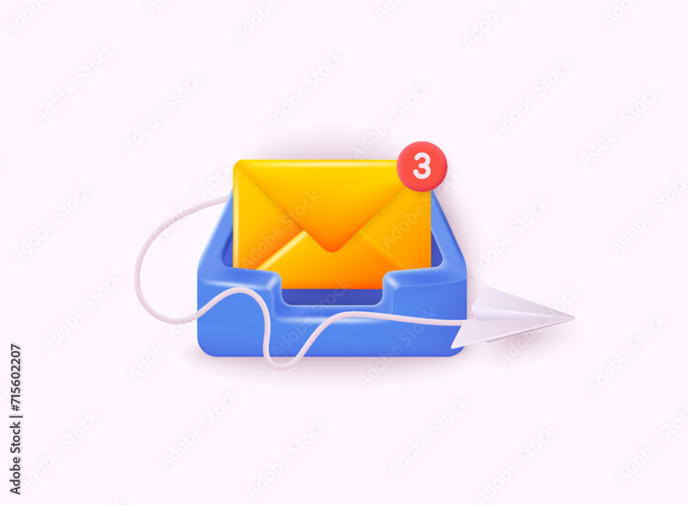 Poster inbox icon with envelope. render email box with letters, paper plane. 3d web vector illustrations.