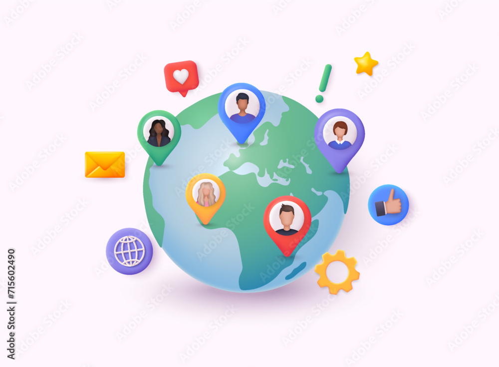 Poster global communication network. social media communication systems and technologies. 3d web vector ill