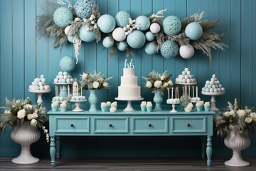 Blue vintage room decorated with blue and white flowers and cake