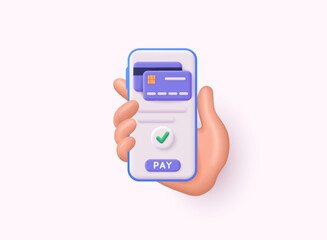 Hand holding mobile smart phone with credit card. Finance, online banking and shopping payment. 3d with payment protection concept. 3D web Vector Illustrations.