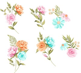 Watercolor Bouquet of flowers, isolated, white background, pink, orange and blue roses and green leaves