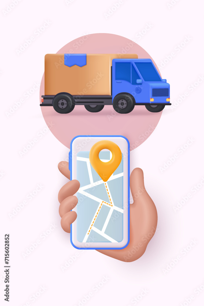 Poster hand holding mobile smart phone with application tracker. delivery tracking. gps navigator pointer. 