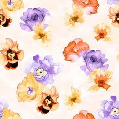 Watercolor flowers pattern, orange, yellow and purple tropical elements, white background, seamless