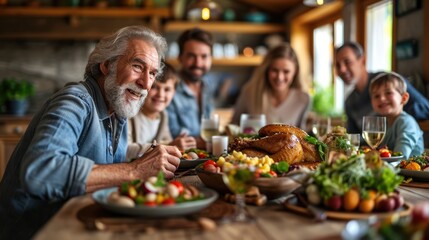 Happy family members enjoy talking and having dinner together on Easter celebrations at home. Hispanic grandparents, father, mother, and kids spend holiday lifestyle, Roasted Turkey on dining table - obrazy, fototapety, plakaty