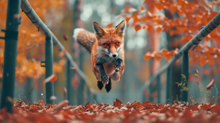 Autumn Agility: The Graceful Leap of a Red Fox - obrazy, fototapety, plakaty
