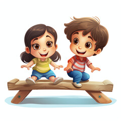 Cute children are sitting on benches
