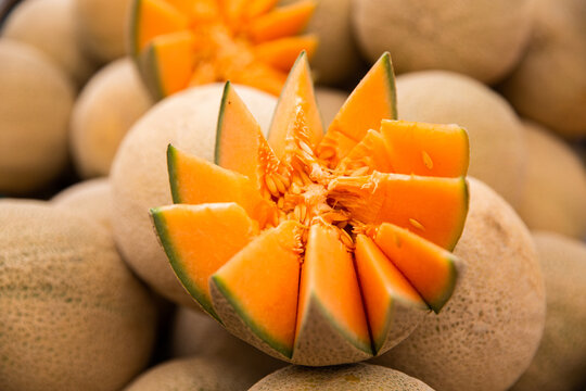 close up of rockmelon cut open and for sale