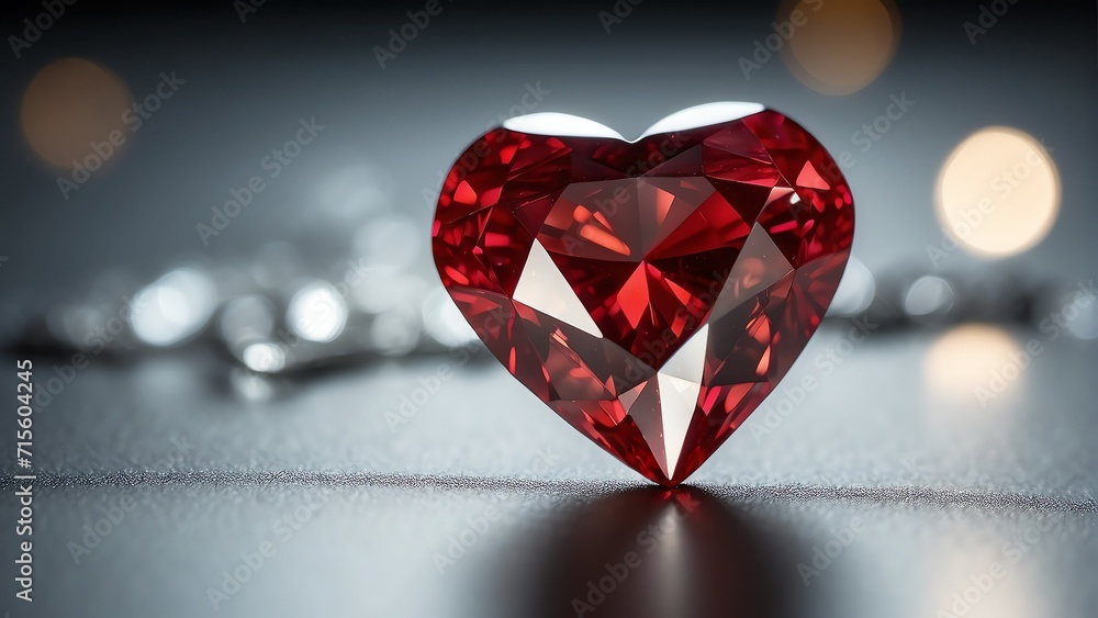 Aufkleber red heart shaped diamond gemstone on a white background with glitters and bokeh from generative ai