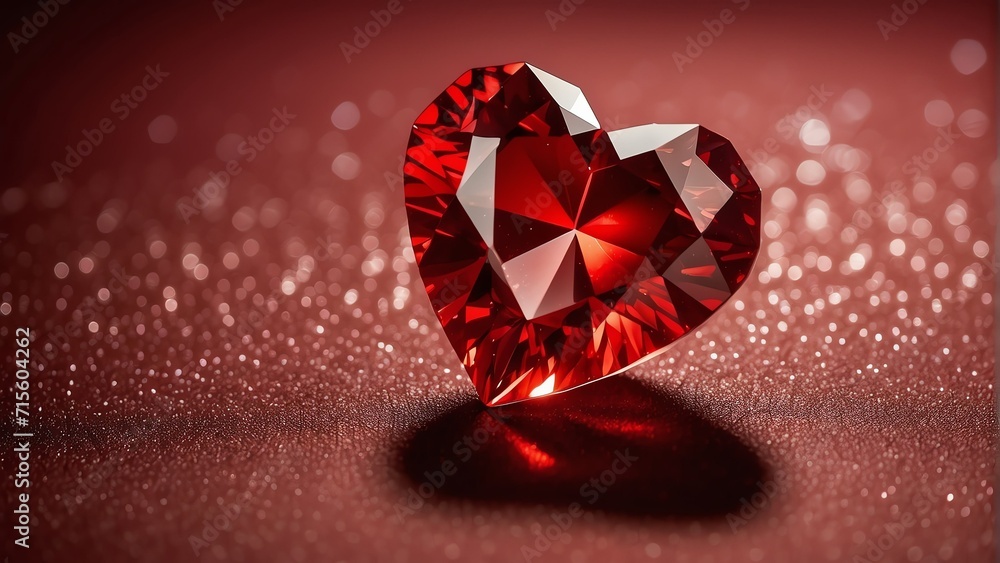 Poster red heart shaped diamond gemstone on a red background with glitters and bokeh from generative ai