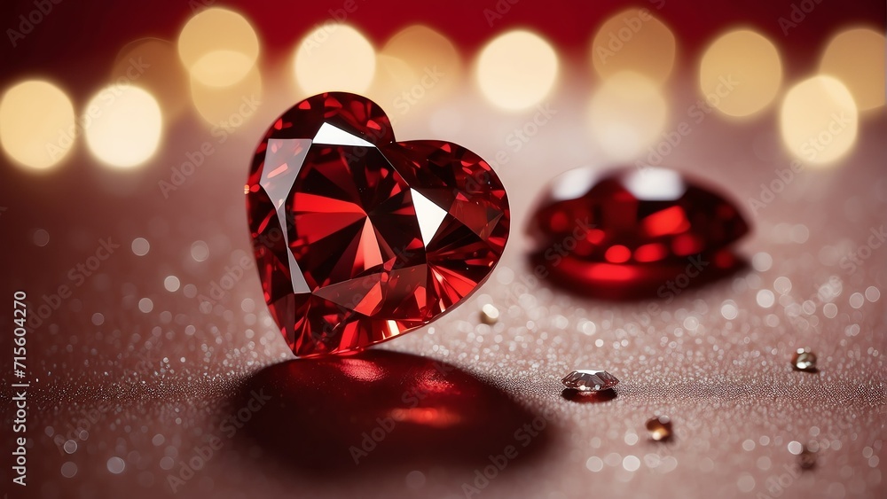 Poster red heart shaped diamond gemstone on a red background with glitters and bokeh from generative ai