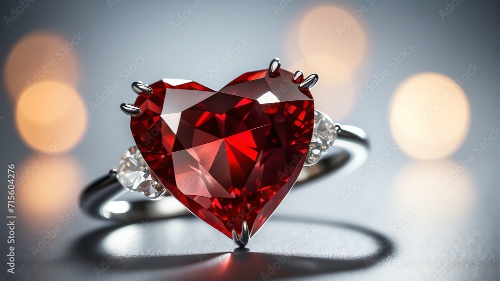 Poster red heart shaped diamond gemstone on a white background with glitters and bokeh from generative ai