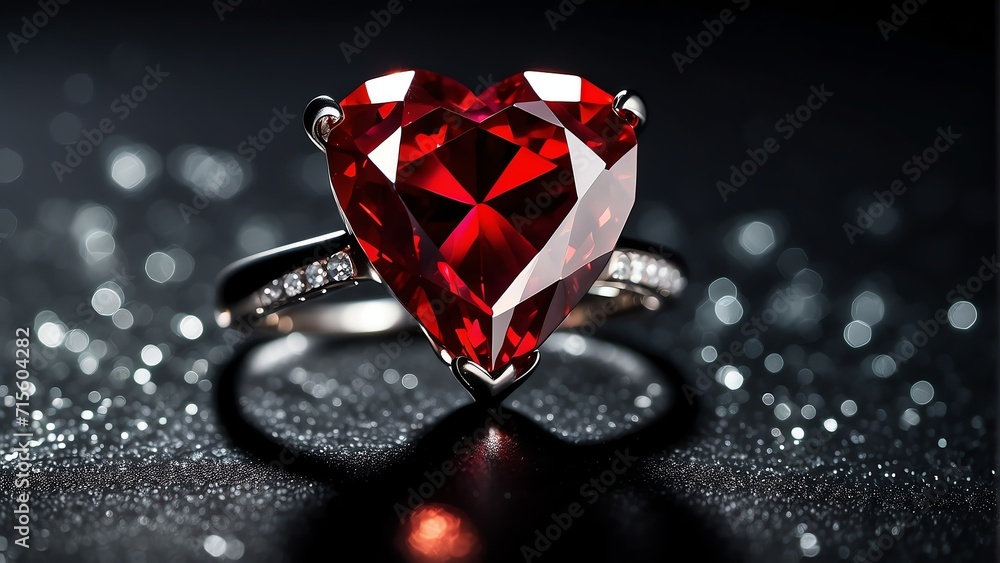 Poster red heart shaped diamond gemstone on a black background with glitters and bokeh from generative ai