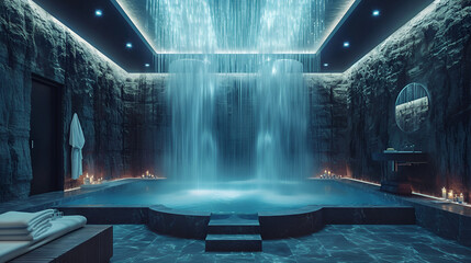 Immerse your bathroom in tranquility with a ceiling mural mimicking a cascading waterfall.