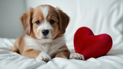 A cute puppy with a red heart shaped pillow on plain white background from Generative AI