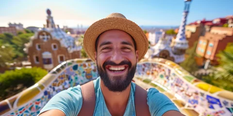 Foto op Canvas Happy tourist take selfie self-portrait with smartphone in Park Guell, Barcelona, Spain - Smiling man on vacation looking at camera - Holidays and travel concept, generative ai © Saleem