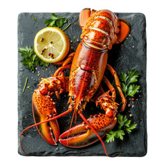 Boiled red Lobster with slices lemon on black plate. Top view. Transparent background