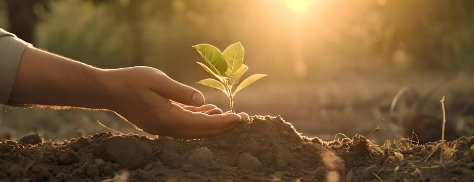 Close up of a hand holding a small tree for planting, Concept of Sustainability and reforestation for Earth Day