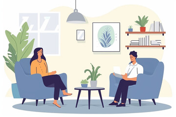 Fototapeta na wymiar A comforting scene of a therapist and client conversing in a cozy office, psychological help drawings, flat illustration
