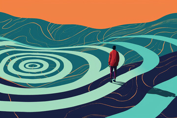 Fototapeta na wymiar A depiction of a person walking a labyrinth, a metaphor for personal journey and discovery, psychological help drawings, flat illustration
