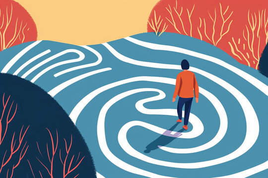 A depiction of a person walking a labyrinth, a metaphor for personal journey and discovery, psychological help drawings, flat illustration