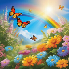 Fototapeta na wymiar butterflies in the flowers, rainbow