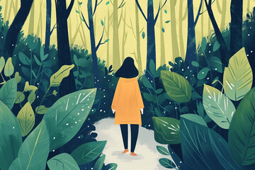 A person walking through a forest, representing a journey towards healing, psychological help drawings, flat illustration - obrazy, fototapety, plakaty