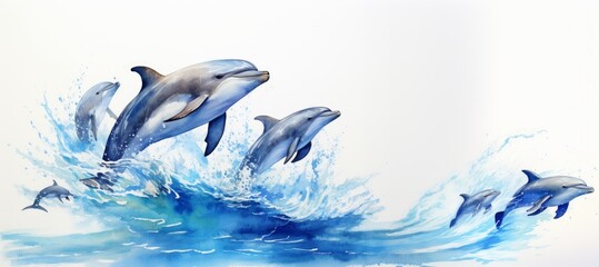 Obraz premium Watercolor illustration of dolphins jumping out of the sea, isolated on a blue background. World Whale Day Postcard. Banner.