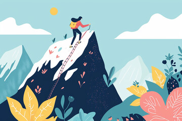 A character climbing a mountain, representing the challenges and triumphs in therapy, psychological help drawings, flat illustration