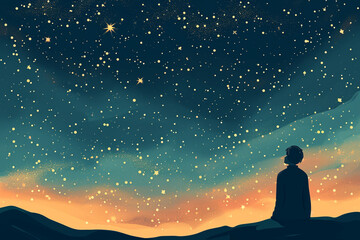 Fototapeta premium A person gazing at the stars, symbolizing self-discovery and contemplation, psychological help drawings, flat illustration