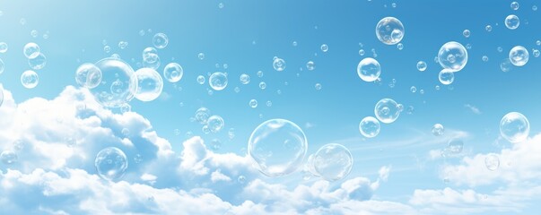 soap bubbles in blue sky banner - obrazy, fototapety, plakaty