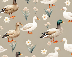 watercolor-illustration-of-a-duck-surrounded-by-a-minimalist-floral-pattern-pastel-color-palette
