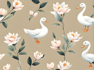 watercolor-illustration-of-a-duck-surrounded-by-a-minimalist-floral-pattern-pastel-color-palette