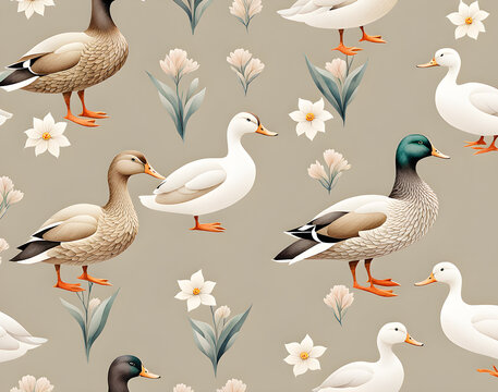 watercolor-illustration-of-a-duck-surrounded-by-a-minimalist-floral-pattern-pastel-color-palette