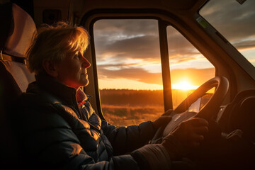 AI Generated Image Mature woman driving truck by the rural road during sunset