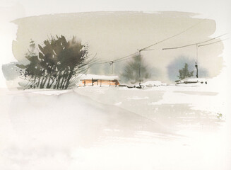 Winter landscape. Watercolor drawing.