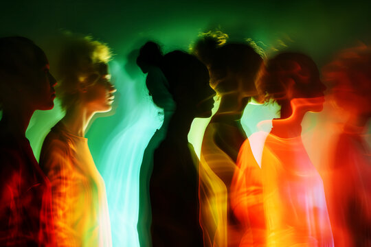 AI Generated Image Ghostly silhouettes of a diverse group of women in neon light