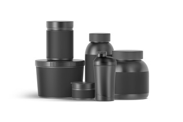 Blank black big and small protein cans mockup, front view