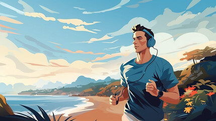 Strong male jogging on beach near ocean illustration. Hold tempo while running flat style. Active lifestyle, nature, health concept - obrazy, fototapety, plakaty