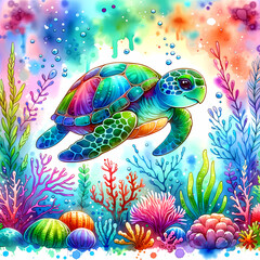 Cute sea turtle, sea background, fish, coral, digital watercolor illustration