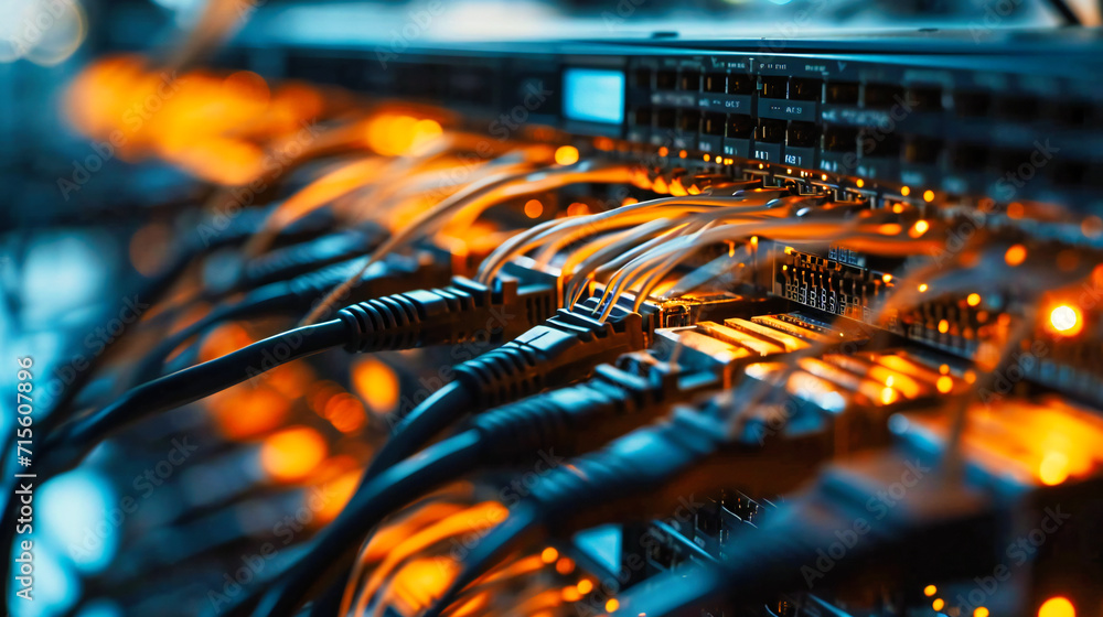 Poster high-speed ethernet connection: close-up of a network switch and cables, showcasing the high-speed c