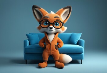 A cute cartoon wolf character looking at camera and standing at sofa with a colorful background.