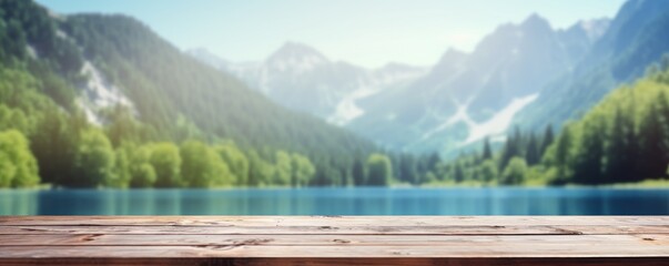 blank wooden table on blue lake and mountain background