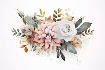 Floral bouquet on white background with eucalyptus and pink gold dust elements. Generative AI - obrazy, fototapety, plakaty