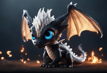 Cute black and white little baby dragon with big blue eyes. Fantasy monster.  - obrazy, fototapety, plakaty