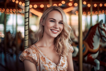 blonde smiling woman in a floral dress stands near a carousel, creating a nostalgic and whimsical atmosphere, ai generative