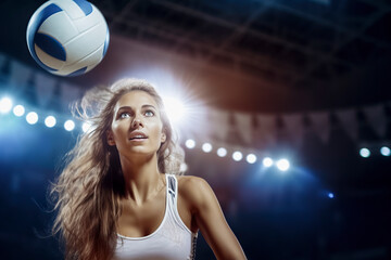 woman in a stadium is about to hit a volleyball and bright lights illuminate the scene, ai...