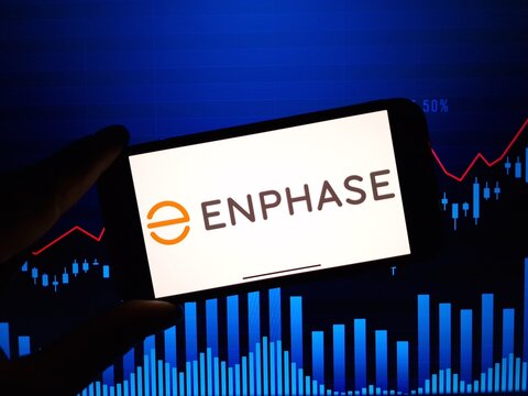 Konskie, Poland - January 21, 2024: Enphase Energy company logo displayed on mobile phone