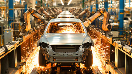 Automotive Production Quality: An industrial setting showcasing the meticulous quality control and inspection process in the production of automobiles - obrazy, fototapety, plakaty