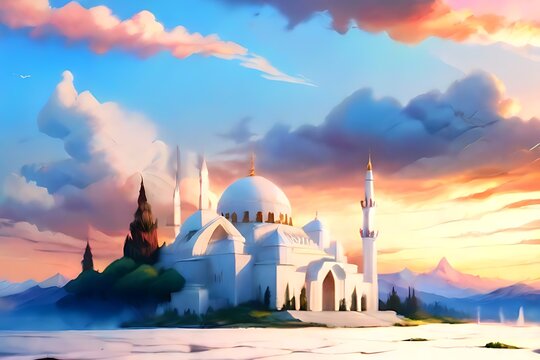 Islamic mosque beautiful watercolor illustration Generative Ai