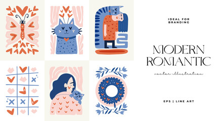 Naklejka premium Modern Romantic, Valentine's day vertical flyer or poster template. Love hand drawn trendy illustration.